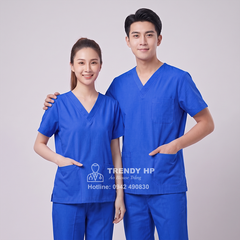 Bộ scrubs bác sĩ, kỹ thuật viên màu xanh cô ban (Xanh Đoàn) Cotton Cao Cấp điều dưỡng, dược sĩ, phòng khám, spa, thẩm mỹ viện