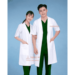 Áo choàng blouse trắng cổ Vest Cotton cao cấp cho bác sĩ, dược sỹ, phòng thí nghiệm, spa, thẩm mỹ viện