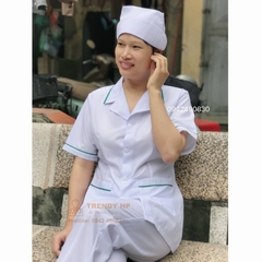 Bộ quần áo blouse trắng dáng ngắn viền Xanh Lá nam nữ cộc tay, dài tay cho dược sỹ, y tá, điều dưỡng, thẩm mỹ viện