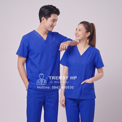 Bộ scrubs bác sĩ, kỹ thuật viên màu xanh cô ban (Xanh Đoàn) Cotton Cao Cấp điều dưỡng, dược sĩ, phòng khám, spa, thẩm mỹ viện