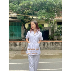 Bộ quần áo blouse trắng trơn dáng ngắn Cotton Cao Cấp cho điều dưỡng, dược sỹ, y tá, thẩm mỹ viện, spa