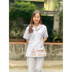 Bộ quần áo blouse trắng dáng ngắn có viền xanh Cotton Cao Cấp cho điều dưỡng, dược sỹ, y tá, thẩm mỹ viện, spa
