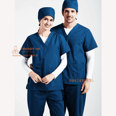 Bộ scrubs bác sĩ, kỹ thuật viên màu Xanh Navy (Xanh Sẫm) Cotton Cao Cấp - đồng phục spa, nha khoa, phòng khám, dược sỹ