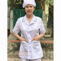 Bộ quần áo blouse trắng dáng ngắn viền Xanh Lá nam nữ cộc tay, dài tay cho dược sỹ, y tá, điều dưỡng, thẩm mỹ viện
