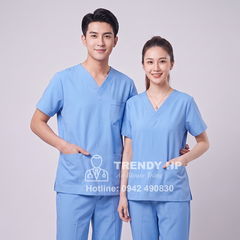 Bộ scrubs bác sĩ Cotton cao cấp màu xanh Hoà Bình - đồng phục bác sĩ, điều dưỡng, dược sĩ, kỹ thuật viên, spa, thẩm mỹ viện