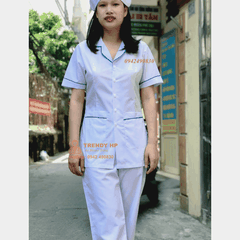 Áo blouse trắng viền bo tròn viền Xanh Cô Ban nữ tính xinh xắn cho điều dưỡng, dược sỹ, y tá, thẩm mỹ viện, spa