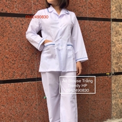 Bộ quần áo blouse trắng có viền xanh cho điều dưỡng, y tá, dược sỹ, thẩm mỹ viện chất Lon Nhật