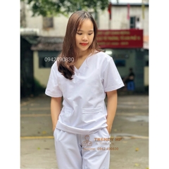 Áo Blouse Trắng Trendy HP Bộ scrubs bác sĩ màu Trắng Cotton Cao Cấp - bộ đồng phục dược sỹ, kỹ thuật viên spa, nha khoa, phòng khám, đồng phục phòng khám