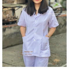 Bộ quần áo blouse trắng cộc tay Nữ - Áo blu trắng trơn xẻ túi chéo dáng ngắn qua hông cho dược sỹ, điều dưỡng, y tá, spa