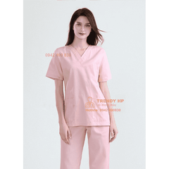 Bộ scrubs đồng phục màu Hồng Cotton Cao Cấp - scrubs bác sĩ, đồng phục spa, nha khoa, phòng khám, dược sỹ