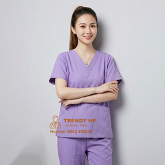Bộ scrubs bác sĩ, kỹ thuật viên Cotton Cao Cấp màu Tím cho bệnh viện, phòng khám, thẩm mỹ viện, spa