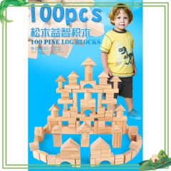 Set Bộ khối 100 chi tiết gỗ mộc đồ chơi xếp hình gỗ khối lớn