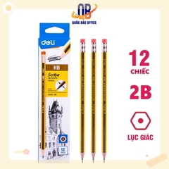Bút chì 2B Deli học sinh - Viết chì - Scribe kẻ sọc vàng sọc đen - 12 chiếc/ hộp - C004