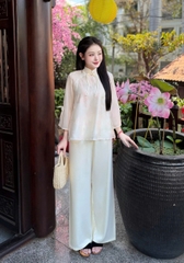 Bộ Cổ Tàu Dây Nơ Tơ Ngọc Trai Màu Be