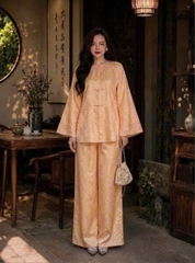 Bộ Cổ Tròn Đính Kim Sa Cổ & Tay Lụa Tằm Thọ Màu Hồng Kem