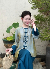 Bộ Cổ Tròn Míc Tay Lụa Tằm Xanh
