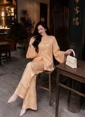 Bộ Cổ Tròn Đính Kim Sa Cổ & Tay Lụa Tằm Thọ Màu Hồng Kem