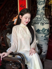 Bộ Cổ Tàu Dây Nơ Tơ Ngọc Trai Màu Be