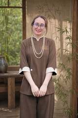 Bộ Thêu Sen Cổ Tàu Đũi Thái