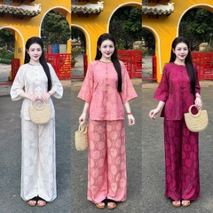 Bộ Bà Ba Đính Cổ Kim Sa Lụa Tằm Hồng Cánh Sen