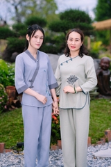 Bộ Cổ Tròn Thêu Sen Vải Linen Ấn