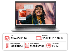 Laptop Dell DC15250 (i5-1334U | Ram 8GB DDR5 | SSD 512GB | VGa intel Màn 15.6FHD 120Hz | Win 11 Home | Office Home Bản Quyền | Nhựa Bạc | NKHB)