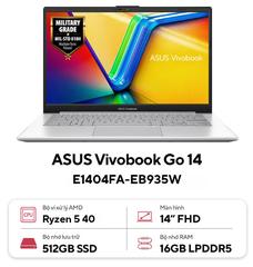 Laptop ASUS Vivobook Go 14 E1404FA-EB935W (AMD Mendocino R5 | AMD Radeon Graphics | 14.0-inch FHD | 16GB | 512GB | Windows 11 | Bạc)