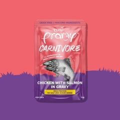 Pate Cho Mèo PRAMY CARNIVORE Vị Gà Topping Cá Hồi Dạng Sốt Gravy 70g
