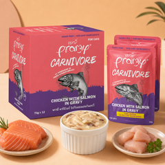 Pate Cho Mèo PRAMY CARNIVORE Vị Gà Topping Cá Hồi Dạng Sốt Gravy 70g
