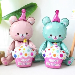 Bóng gấu ôm hình bánh kem Happy Birthday trang trí sinh nhật