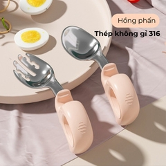 Bộ thìa dĩa cho bé tập ăn, dĩa ăn dặm cho bé màu sắc dễ thương, chất liệu thép không gỉ 316, tay cầm thông minh