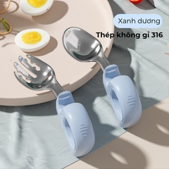 Bộ thìa dĩa cho bé tập ăn, dĩa ăn dặm cho bé màu sắc dễ thương, chất liệu thép không gỉ 316, tay cầm thông minh