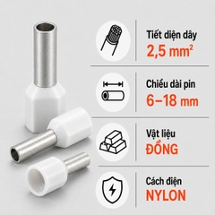Đầu Cos Pin Rỗng Bọc Nhựa KST E25 Dây 2,5mm²