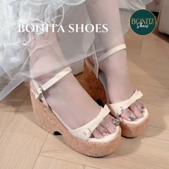 BMC275 Sandal xuồng nữ Bonita Shoes đế GỖ quai ngang Nơ thắt cao 11cm - NS1