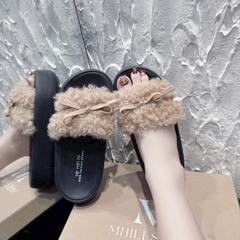 DX192 Dép xuồng nữ Bonita Shoes quai bản ngang lông xù xoắn đính nơ siêu xinh cao 7cm - NS12