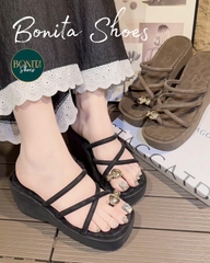 D324 Dép xuồng nữ Bonita Shoes xỏ khoá Mi U ánh BEO phối quai mảnh mút mềm cao 5cm - NS12