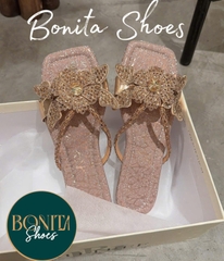 NS58 Dép đế bệt mũi vuông quai kẹp đá mảnh BÔNG phối - Bonita Shoes D28