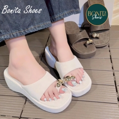 DX719 Dép xuồng nữ Bonita Shoes xỏ ngón khoá vàng hạt đậu phối quai ngang da ánh beo 6cm - NS12