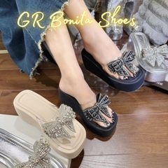 BM270 Dép xuồng bánh mì nữ Bonita Shoes quai mica trong đính đá NƠ to cao 7cm - NS125