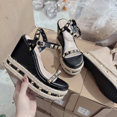 BMC15 SANDAL xuồng nữ Bonita Shoes da bóng đế viền dây cối quai đính hột đinh vàng 7 cm - NS12