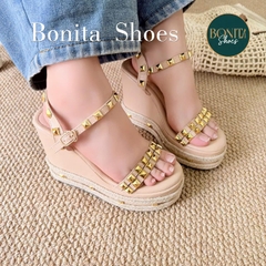 BMC15 SANDAL xuồng nữ Bonita Shoes da bóng đế viền dây cối quai đính hột đinh vàng 7 cm - NS12