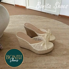 BMC408 Dép xuồng nữ đế cối Bonita Shoes quai ngang LƯỚI thắt nơ cao 11cm - NS12