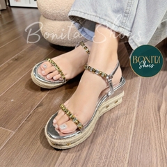 BMC15 SANDAL xuồng nữ Bonita Shoes da bóng đế viền dây cối quai đính hột đinh vàng 7 cm - NS12