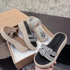 DX921 Dép xuồng nữ đế cối Bonita Shoes quai ngang đá đan lót da cao 5 cm - NS1