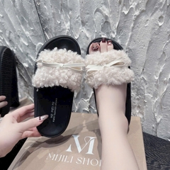 DX192 Dép xuồng nữ Bonita Shoes quai bản ngang lông xù xoắn đính nơ siêu xinh cao 7cm - NS12