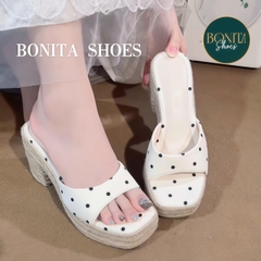 D145 Dép xuồng nữ đế cối Bonita Shoes eo L quai ngang CHẤM BI cao 8cm - NS1