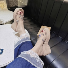 N12 Dép xuồng quai ngang mica đính đá lót vải đế 7cm - BM242
