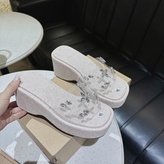 N12 Dép xuồng quai ngang mica đính đá lót vải đế 7cm - BM242