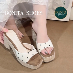 D145 Dép xuồng nữ đế cối Bonita Shoes eo L quai ngang CHẤM BI cao 8cm - NS1