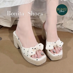 D225 Dép xuồng nữ đế cối Bonita Shoes eo L quai ngang Nơ thắt CHẤM BI cao 8cm - NS1
